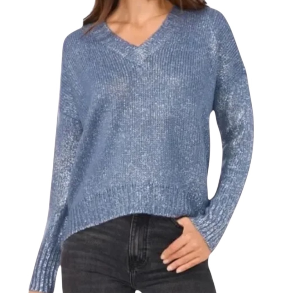 1.STATE Blue Silver Metallic Knit Sweater XXL Bell Hem Shimmer Pullover